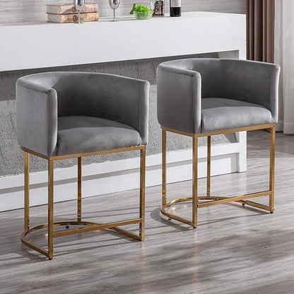 Contemporary Grey Velvet Bar Stool, 24" Upholstered Fabric Counter Height Barstool Kitchen Counter Island Stool with Screwed Together Golden Metal Base