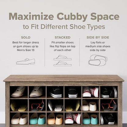 Prepac White Shoe Cabinet, Entryway Bench, Mud Room Organization and Storage Bench with 18 Shoe Cubbies 16"D x 48"W x 24"H