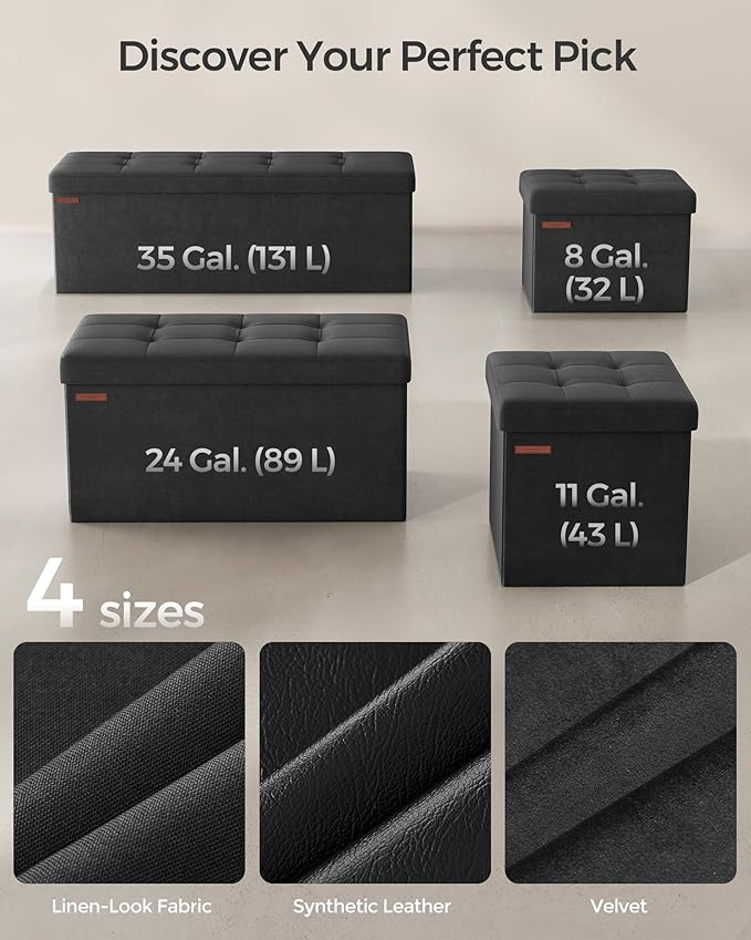SONGMICS Mazie Collection - Storage Ottoman Bench, Foldable Foot Rest, 15 x 43 x 15 Inches, End of Bed Bench, Storage Chest, Load 660 lb, Living Room, Bedroom, Entryway, Ink Black ULSF277B01