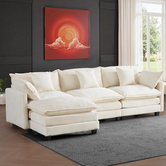 111.4" L-Shaped Cloud Chenille Sectional with Reversible Chaise, Flexible 3+1 Layout for Large Spaces, Deep Seat and Free Pillows Included