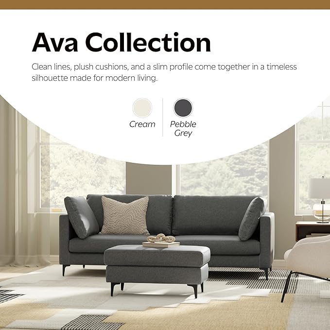 SIMPLIHOME Ava Ottoman in 100% Recycled Polyester Tightly Woven Performance Fabric, Pebble Grey, 36-inches Wide, Mid-Century Modern Multipurpose Table Ottoman or Footrest, Assembled, for Living Room