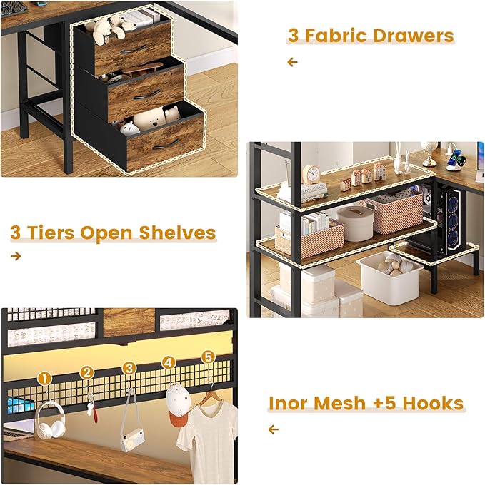 ADORNEVE Loft Bed Full Size with L-Shaped Desk, 3 Storage Drawers, Power Outlet, 3 Storage Shelves, Metal Loft Bed Frame with RGB Lights, Bed with Safety Guardrail & Ladders,Space-Saving,Rustic Brown