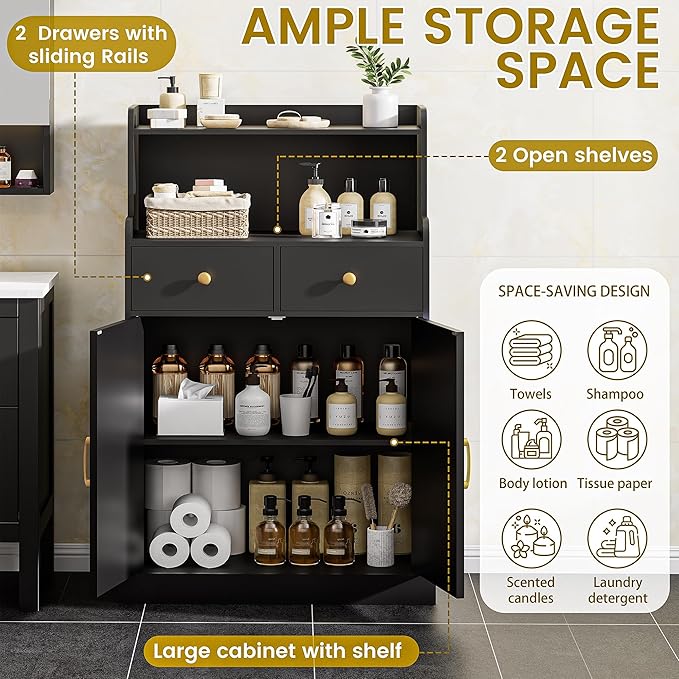 Storage Cabinet with Doors and Shelves, Bathroom Cabinet with 2 Drawers, Farmhouse Black Storage Cabinet, Kitchen Cabinet Cupboard for Living Room, Kitchen, Entryway, Home Office