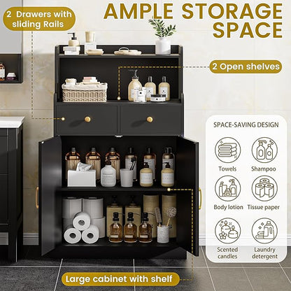 Storage Cabinet with Doors and Shelves, Bathroom Cabinet with 2 Drawers, Farmhouse Black Storage Cabinet, Kitchen Cabinet Cupboard for Living Room, Kitchen, Entryway, Home Office