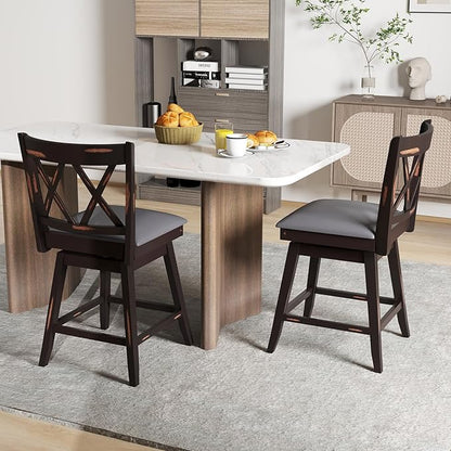 COSTWAY Bar Stool Set of 2 for Kitchen Island, 25" Counter Height Chair with Ergonomic Backrest, Foot Rest, Waterproof PVC Surface & Solid Wood Structure, 360°Swivel Farmhouse Barstool with Back