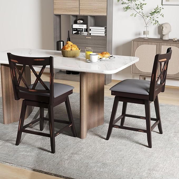 COSTWAY Bar Stool Set of 4 for Kitchen Island, 25" Counter Height Chair with Ergonomic Backrest, Foot Rest, Waterproof PVC Surface & Solid Wood Structure, 360°Swivel Farmhouse Barstool with Back
