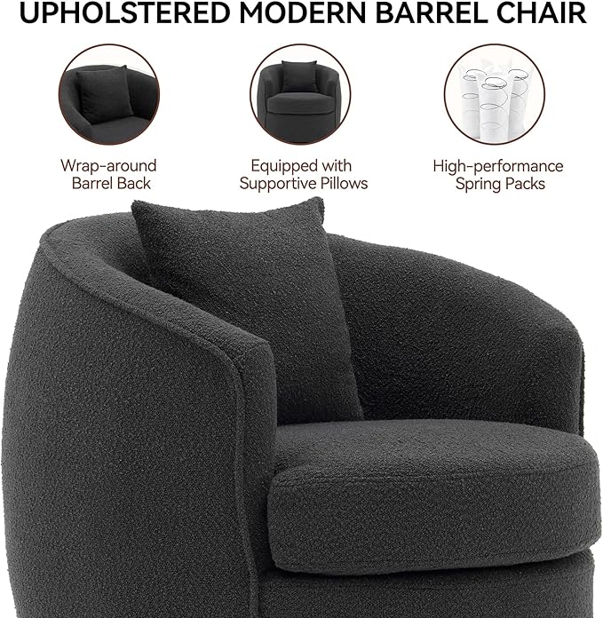 Swivel Accent Chair, Modern Upholstered Boucle Barrel Arm Chairs with Pillow for Living Room, 360 Degree Round Swivel Sherpa Armchair with Round Base for Bedroom Club (1, Dark Grey)