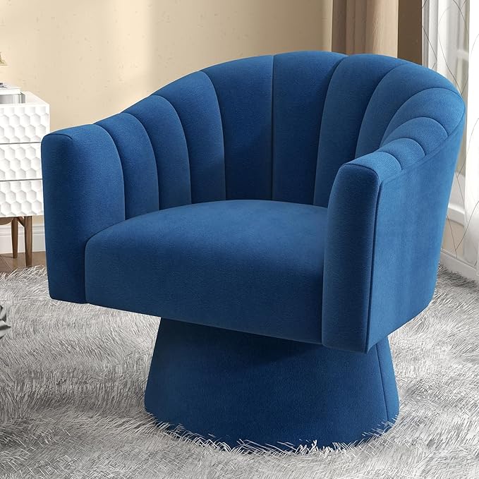 Swivel Accent Chair,Upholstered Velvet 360° Swivel Barrel Chair for Living Room Overstuffed Bouncle Reading Chair Round Armchair for Bedroom,Vanity,Office(Navy)