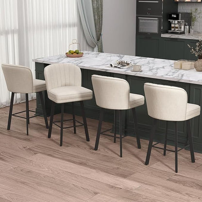 Swivel Counter Height Bar Stools Set of 6, 26'' Modern Barstools with Backs and Metal Legs, Upholstered Bar Chairs, Beige, Fabric Stools for Kitchen Island Chairs