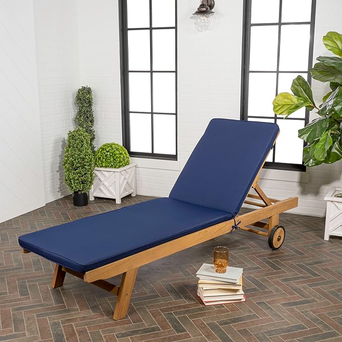 JONATHAN Y LNG1000B Mallorca 77.56"x23.62" Modern Classic Adjustable Acacia Wood Chaise Outdoor Lounge Chair with Cushion & Wheels Coastal, Bohemian, Minimalist, Traditional, Navy/Natural