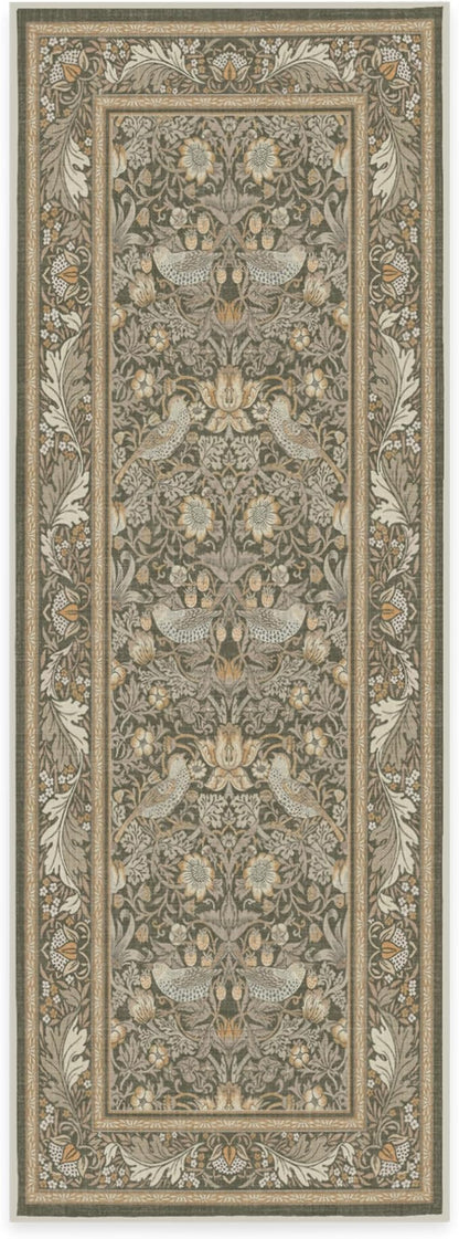 RUGGABLE x Morris & Co Machine Washable Runner Rug – Strawberry Thief Stone Gold 2.5x7, Stain-Resistant, Non-Slip – Washable Rug for Hallway, Entryway, Living Room & Kitchen–with Standard Pad