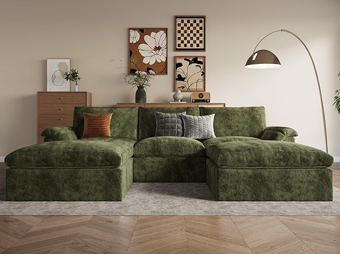 EASE MOOSE Oversized Cloud Couch Sectional Sofa, U-Shaped Modular Couch for Living Room, Minimalist Boneless Convertible Couches with Ottoman, 5-Seat Deep Sofas for Bedroom, Chenille (Green)