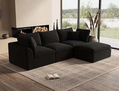 110" Cloud Sectional Couches for Living Room, Boneless L-Shape Couch with Ottoman, 3 Seater Modular Sectional Sofa, Black