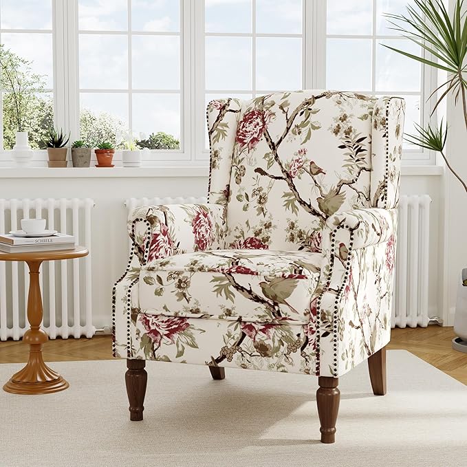 Accent Chair, Upholstered High Back Floral Armchair with Nailhead Trim & Wood Legs, Comfy Wingback Reading Single Sofa Chair for Small Spaces, Living Room, Bedroom (Pink Floral, Set of 2)