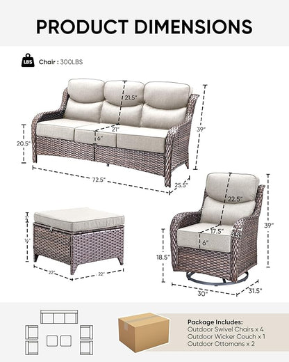 HUMMUH 7 Pieces Wicker Patio Furniture Set with Patio Swivel Chairs Set of 4,High Back Outdoor Sofa Ottomans,6 Inch Thick Cushions Outdoor Conversation Set for Porch, Balcony, Deck