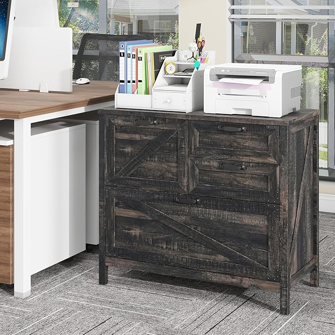 Lateral File Cabinet with 4 Drawers Farmhouse File Cabinet for Letter/Legal/A4 Size Hanging Files, Large Wood File Storage Cabinets Printer Stand for Home Office Cabinet, Dark Rustic Oak