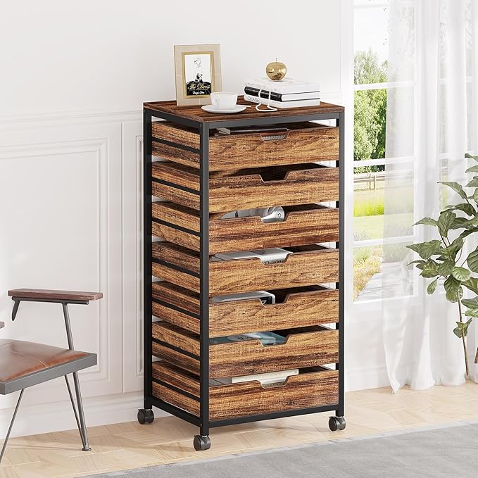 Tribesigns 7 Drawer Chest, Wood Storage Dresser Cabinet with Wheels, Industrial Storage Drawer Organizer Cart for Office Bedroom Entryway (Rustic Brown, 1 PC)