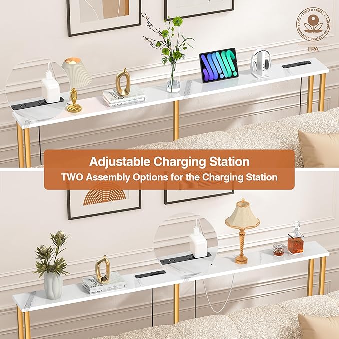 90Inch Console Table with Outlet, Sofa Table with Charger,Skinny Hallway Table, Narrow Entryway Table,Table Behind Sofa,for Living Room,Gold & White