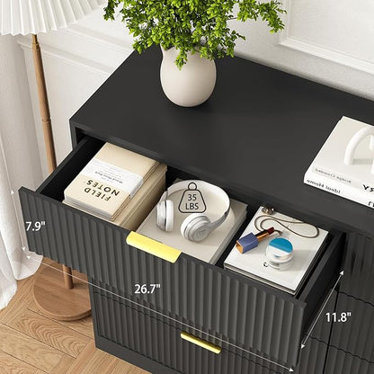 3-Piece Modern Bedroom Furniture Set, Wide 8-Drawer Dresser & 3-Drawer Nightstands Set of 2, Natural Wood Dresser and Nightstand Sets for Bedroom, Hallway, Black