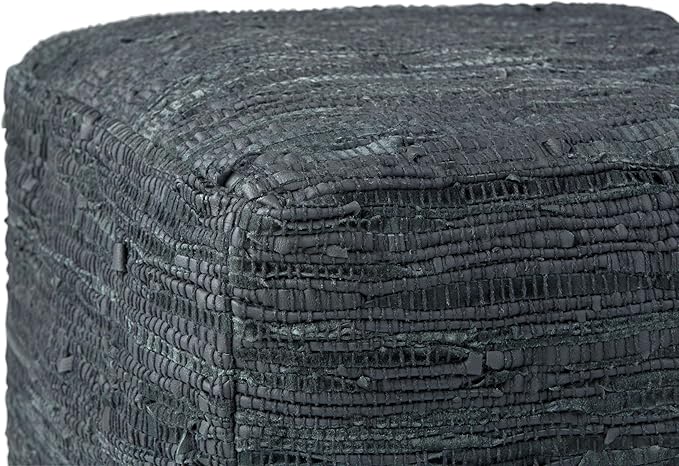 SIMPLIHOME Fredrik Boho Square Pouf in Grey Woven Genuine Leather for the Living Room, Bedroom and Kids Room