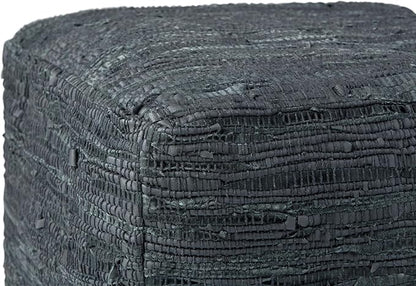 SIMPLIHOME Fredrik Boho Square Pouf in Grey Woven Genuine Leather for the Living Room, Bedroom and Kids Room