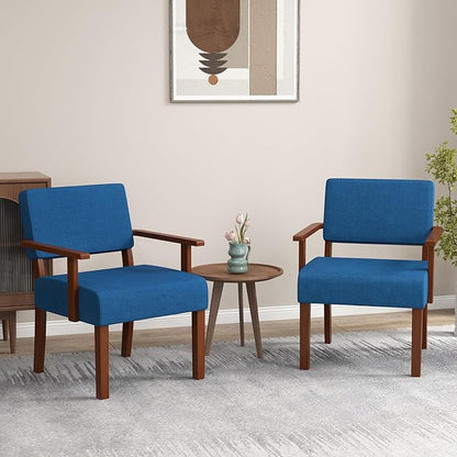 Giantex Mid Century Modern Accent Chair Blue - Linen Living Room Arm Chair w/Soft Padded Seat & Backrest, Rubber Wood Frame, Upholstered Reading Chair for Living Room, Bedroom, Reception
