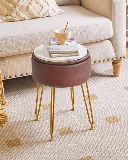 IBUYKE Faux Leather Round Footrest Stool with Storage Ottoman, Makeup Vanity Chair Side Table, PU Dressing Table Seat, Removable Cover, Golden Steel Legs, Dark Brown WBD024Z