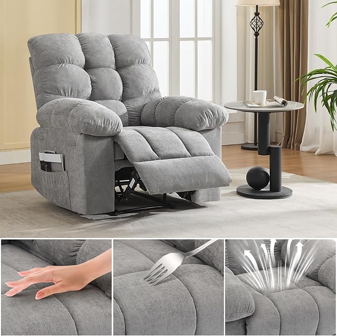 Recliner Rocking Chair with Massage and Heat, Wide Overstuffed Ergonomic Fabric Recliner with Breathable Upholstery, 2 Side Pockets & Remote Control for Living Room or Bedroom