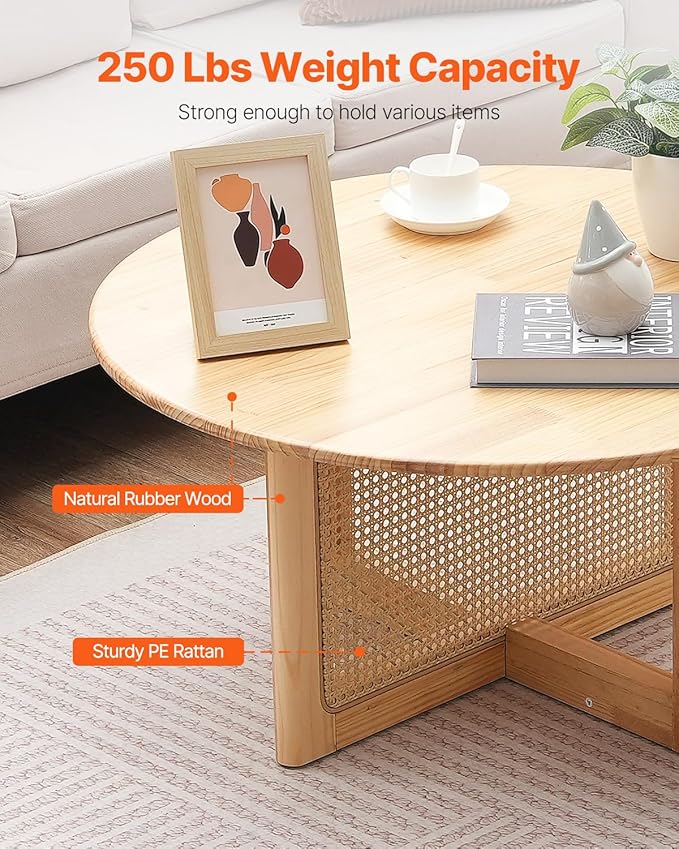VEVOR Rattan Coffee Table, Round Woven With Rubber Wood Top, 33 in Modern Boho Circular Storage Table With Natural Legs, for Living Room, Bedroom & Small Spaces