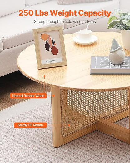 VEVOR Rattan Coffee Table, Round Woven With Rubber Wood Top, 33 in Modern Boho Circular Storage Table With Natural Legs, for Living Room, Bedroom & Small Spaces