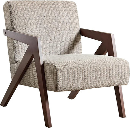 Bonzy Home Mid-Century Modern Accent Chair with Wood Frame, Upholstered Armchair for Bedroom & Living Room, Linen Fabric Cushion, Z-Shaped Armrest Design, Sturdy Lounge Chair,Brown