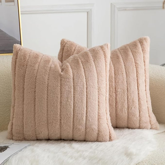 Pack of 2 Faux Fur Throw Pillow Covers 20x20 Inch Striped Decorative Soft Plush Couch Pillow Case Home Decor for Bed, Sofa, Living Room Beige