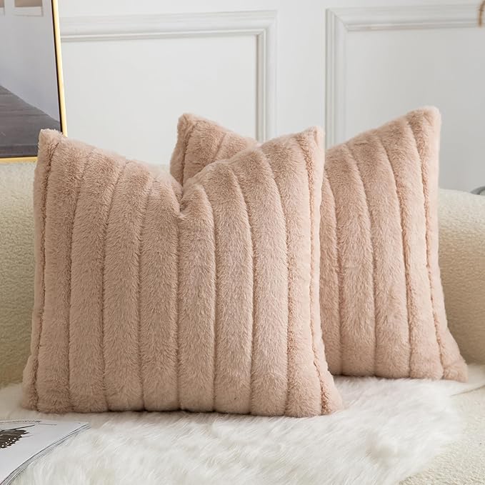 Pack of 2 Faux Fur Throw Pillow Covers 24x24 Inch Striped Decorative Soft Plush Couch Pillow Case Home Decor for Bed, Sofa, Living Room Beige
