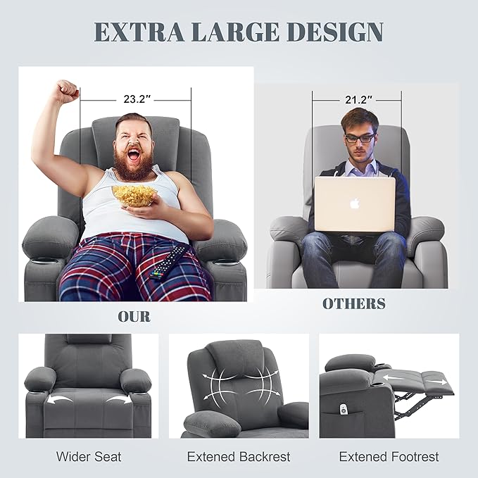 Oversized Swivel Rocker Recliner Chair with Heat and Massage, Large Big Recliner Chair for Living Room, 360 Degree Swivel Rocking Single Sofa with Cup Holders and USB Port(Fabric, Dark Grey)
