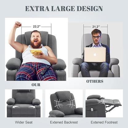 Oversized Swivel Rocker Recliner Chair with Heat and Massage, Large Big Recliner Chair for Living Room, 360 Degree Swivel Rocking Single Sofa with Cup Holders and USB Port(Fabric, Dark Grey)