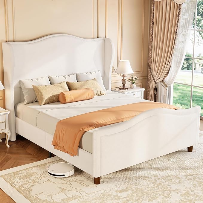 koorlian Queen Size Bed Frame Chenille Upholstered Platform Bed with 51" Tall Headboard and High Deep Tufted Footboard, Modern Retro Minimalist Style Wingback Sleigh Bed, Easy Assembly, Cream