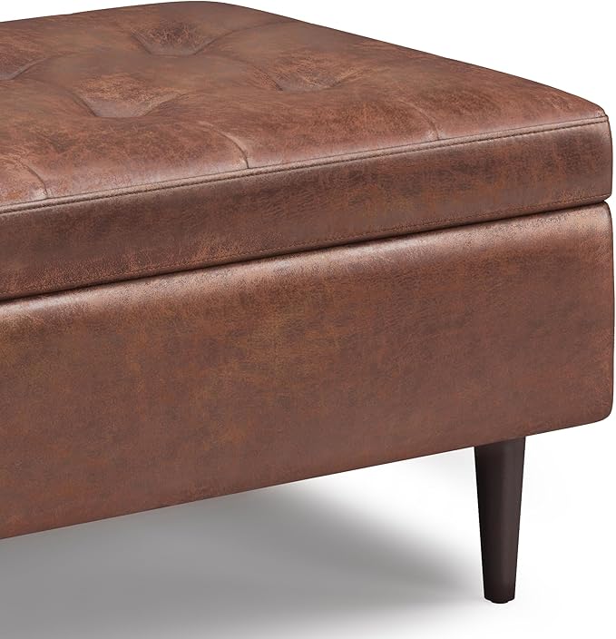 SIMPLIHOME Shay 34 inch Wide Mid Century Modern Small Rectangle Coffee Table Storage Ottoman in Distressed Saddle Brown Vegan Faux Leather, Assembled, For the Living Room, Entryway and Family Room