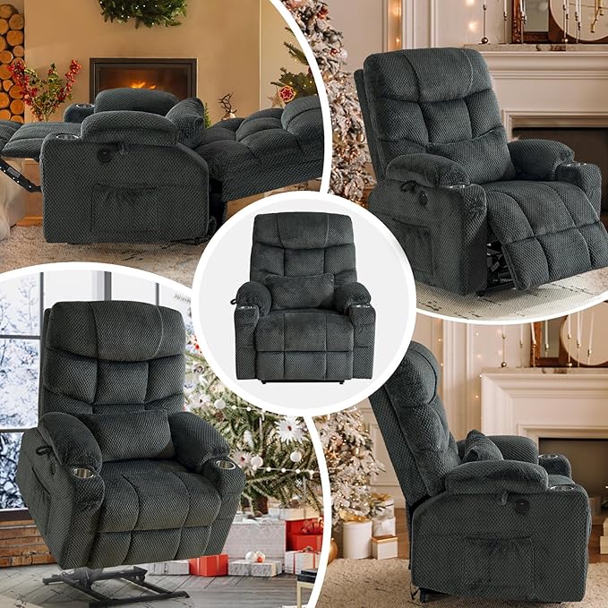 ABCASA Oversized Dual Motor Lay Flat Power Lift Recliner Chair with Massage, Heating, Lumbar Pillow, USB & Type-C Ports, Textile Lift Chair Recliner, Large Recliner for Big & Elderly People - Grey