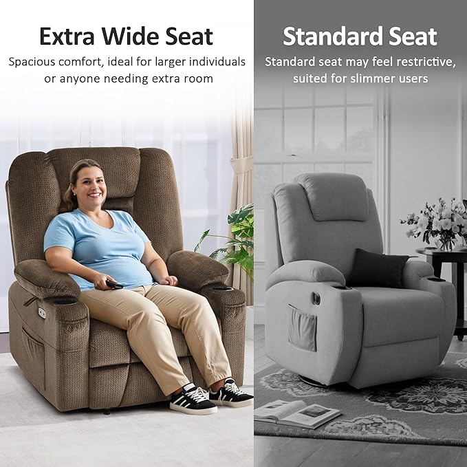 MCombo Oversized Power Lift Recliner Chair with Massage and Heat for Big and Tall Elderly People, Cup Holders, USB Ports, Side Pockets, Fabric R7541 (Brown, Large-Oversize)