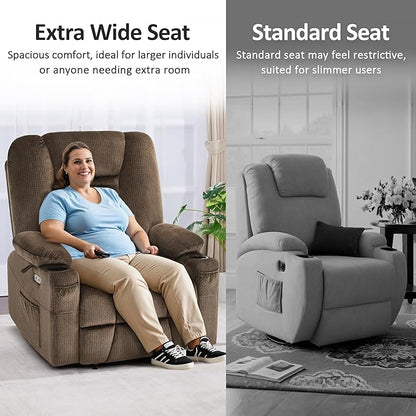 MCombo Oversized Power Lift Recliner Chair with Massage and Heat for Big and Tall Elderly People, Cup Holders, USB Ports, Side Pockets, Fabric R7541 (Brown, Large-Oversize)