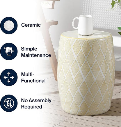 JONATHAN Y TBL1019B Moroccan Diamonds 18" Ceramic Drum Indoor/Outdoor Garden Stool Coastal, Contemporary, Transitional, Patio, Garden Room, Bathroom, Living Room, Yellow