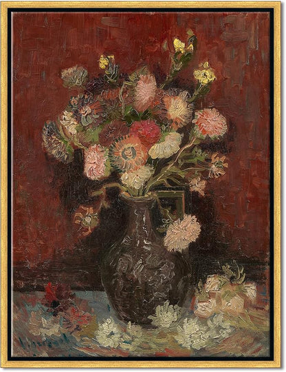 Wieco Art Framed Art Vase with Chinese Asters and Gladioli by Van Gogh Famous Oil Paintings Reproduction Abstract Canvas Prints for Home Decorations Bronze Gold Frame
