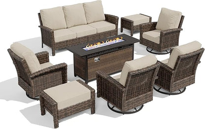 HERA'S HOUSE 8-Piece Outdoor Furniture Set with Fire Pit Table, Patio Conversation Set with 5.5" Thick Cushions & High Back Swivel Chairs, All-Weather Wicker Deep Seating Sofa with Ottomans, Beige