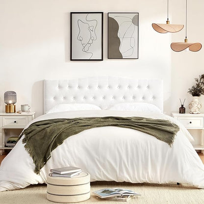 Tufted Upholstered Headboard Queen Size, Sturdy & Durable Solid Wood Bed headboard, Fabric Headboard Adjustable Height from 37” to 51”, Modern Button Diamond Design Head Board, White