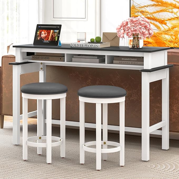 COSTWAY Upholstered Bar Stools Set of 2, 25” Counter Height Bar Chairs with Padded Cushion & Wooden Frame, Faux Leather Backless Stools for Kitchen, Dining Room, Pub, White + Grey