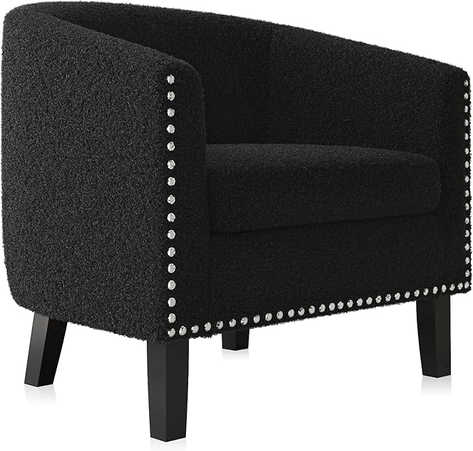 BELLEZE Barrel Chairs Set of 2, Modern Accent Tub Club Chairs Armchairs for Living Room, Upholstered Accent Chairs with Silver Nail Head Trim Black Legs - Kyara (Black/Polyester)