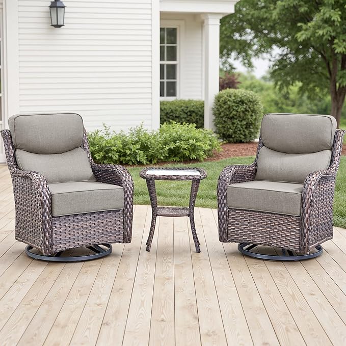 Rilyson Outdoor Patio Swivel Rocker Chairs Set of 2, Waterproof Wicker, High Back, Deep Seating, Wide Armrest, Upgraded 6 inch Thick Cushions, Side Table, Ideal for Deck Porch Yard, Brown/Beige