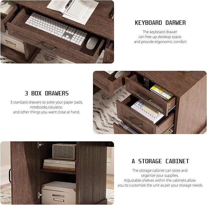 CARPETNAL 58'' Farmhouse Executive Desk with Drawers, Home Office Desk with File Drawer and Storage Cabinet, Rustic Computer Desk for Working, Studying, Writing, Brown
