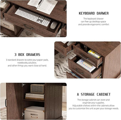 CARPETNAL 58'' Farmhouse Executive Desk with Drawers, Home Office Desk with File Drawer and Storage Cabinet, Rustic Computer Desk for Working, Studying, Writing, Brown