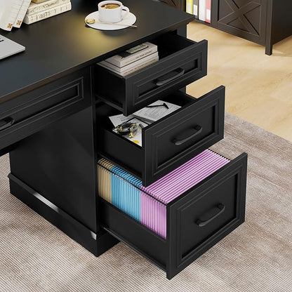 Vabches Farmhouse 47" Executive Desk, Computer Desk with Drawers and File Drawer, Workstation Computer Desk with Charging Station for Home Office, Study,Pure Black.